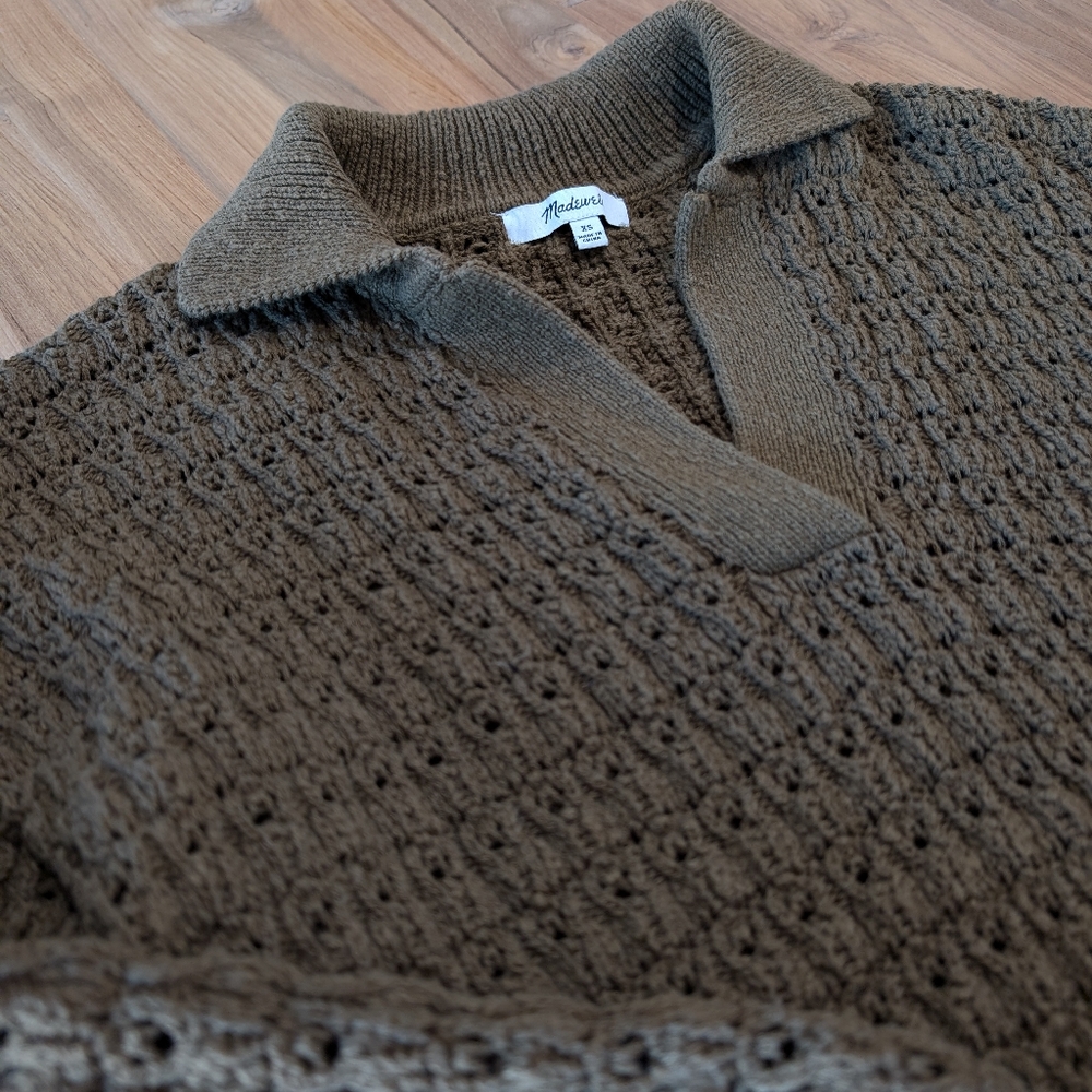 Madewell Sunbury Open-Stitch Polo Sweater Golden Spinach Textured Knit XS - Picture 9 of 12